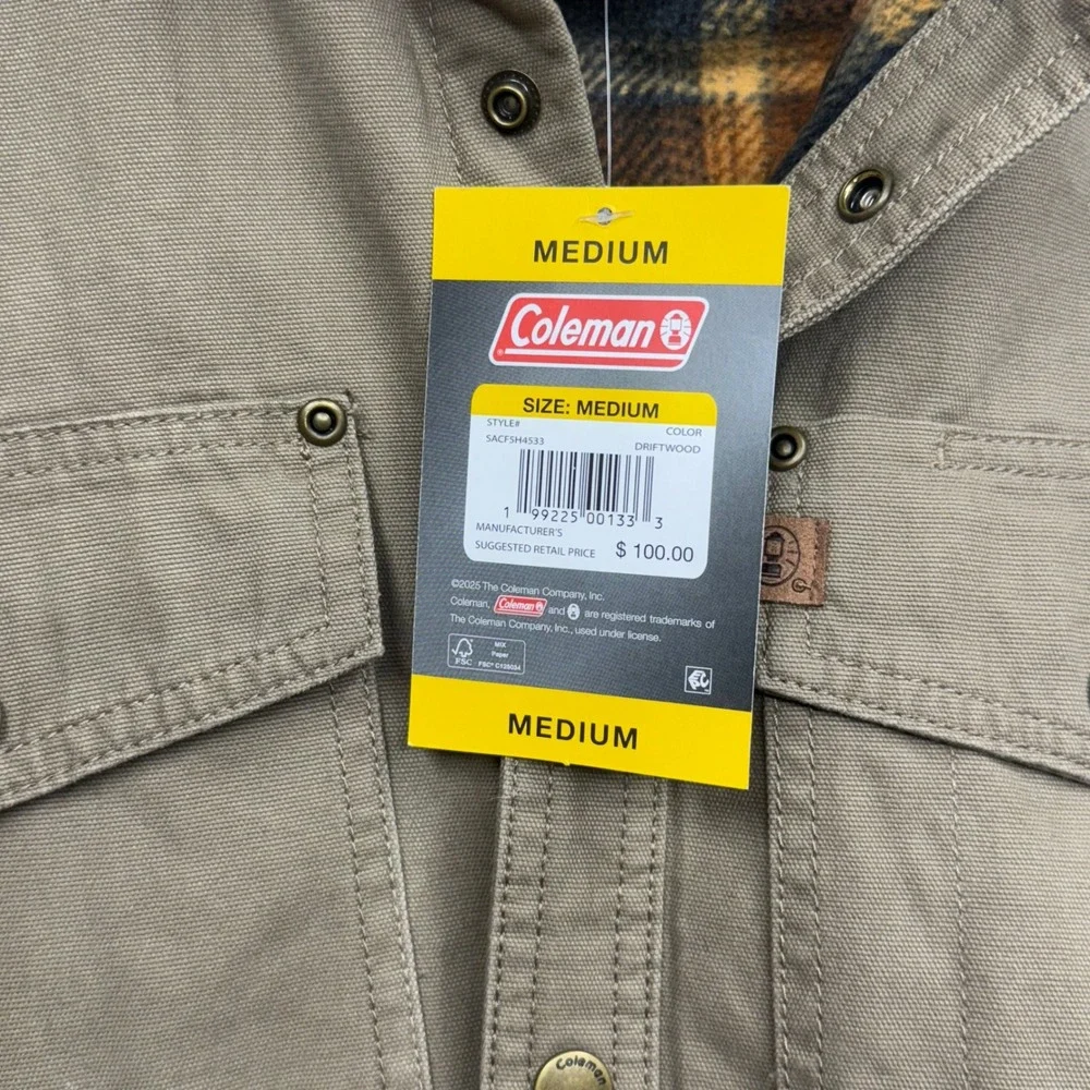 Coleman Mens Canvas Sherpa Lined Flannel Shirt Jacket Tan‎ Workwear Size M